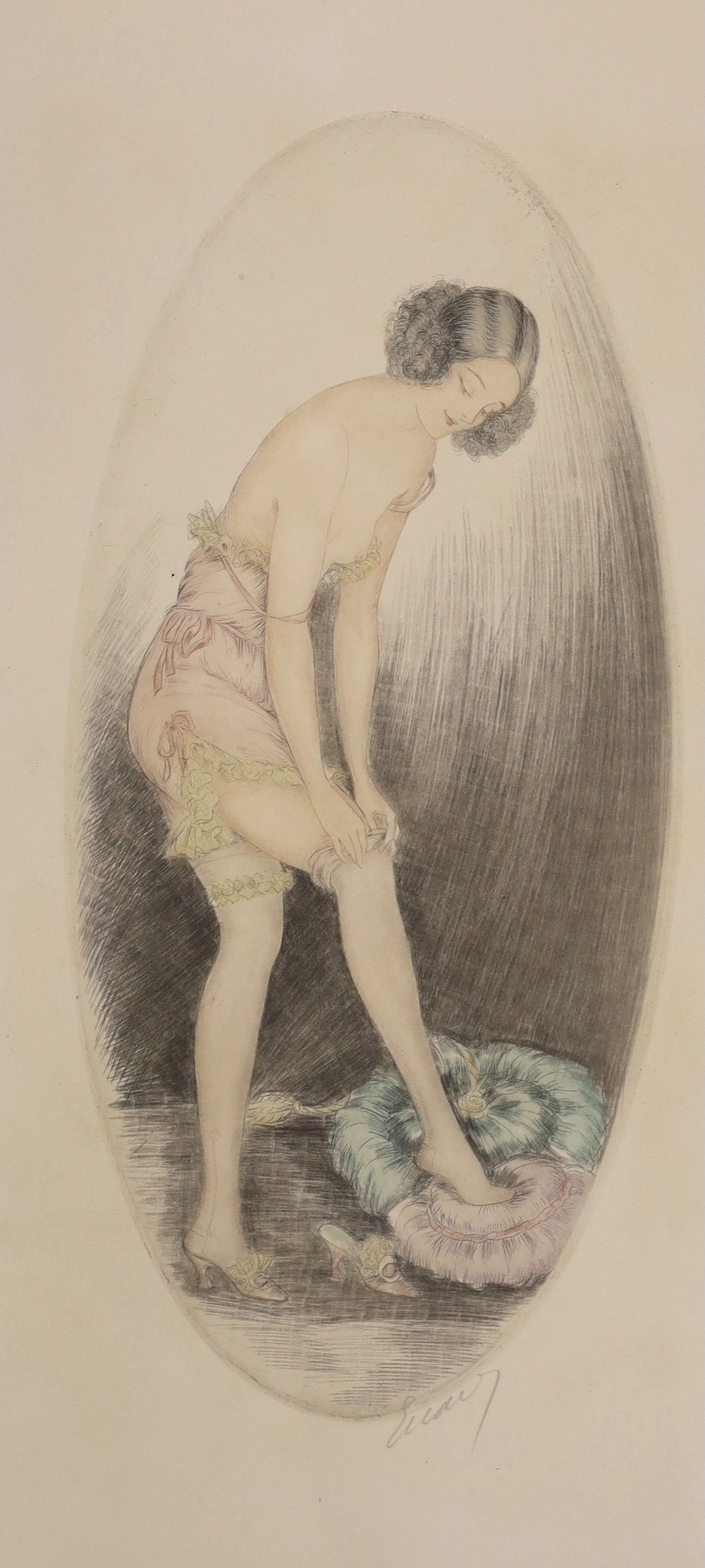 Manner of Louis Icart, two coloured drypoint etchings, Young women undressing, signed in pencil, overall 44 x 28cm